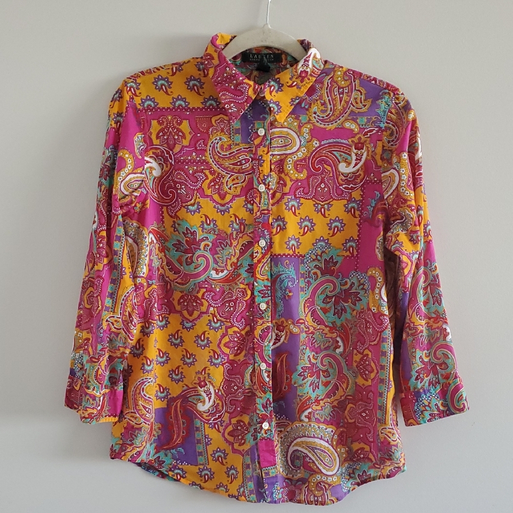 Ralph Lauren Women's Multicolor Paisley 3/4 Sleeves Cotton Bohemian Shirt Sz M